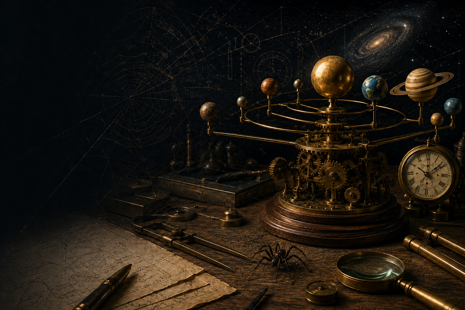 An astronomical clockwork model surrounded by planets, instruments and a spider web